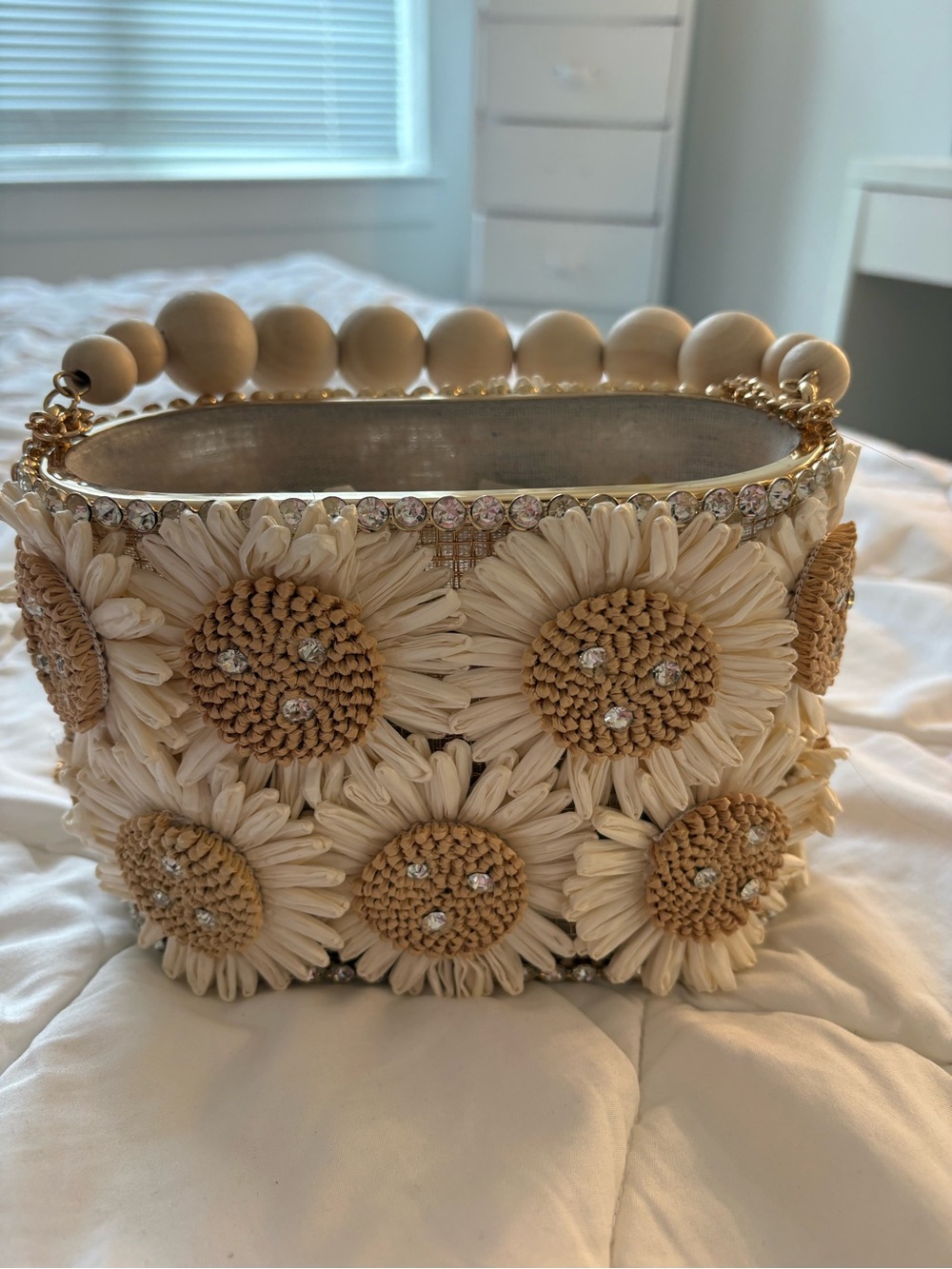 Beige Floral Raffia Bucket Bag with Wooden Bead Handle